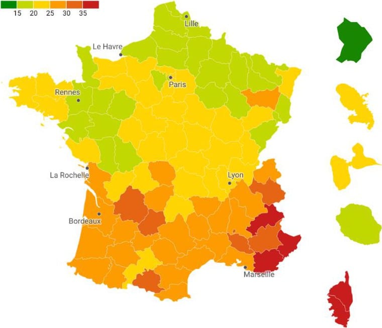 Densité des entreprises artisanales par département (nombre d'entreprises pour 1 000 habitants).
Source : ISM-MAAF, juillet 2026. Cette carte montre l'opposition entre : la Corse-du-Sud : 41 entreprises artisanales pour 1 000 habitants, les Alpes-Maritimes : 37, la Haute-Corse : 36 et, à l'inverse : le Nord et le Pas-de-Calais qui comptent moins de 15 entreprises artisanales pour 1 000 habitants.